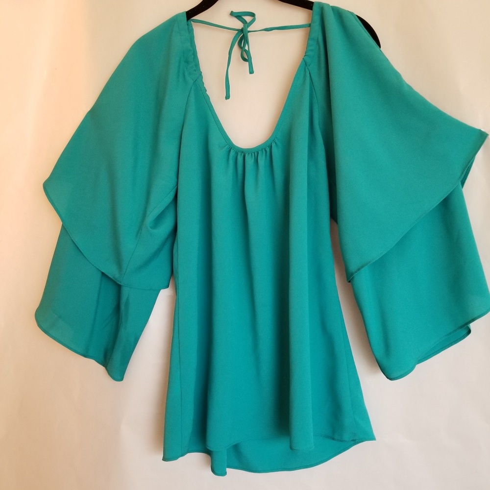 Ketz-ke teal flowy boho chic cold shoulder top